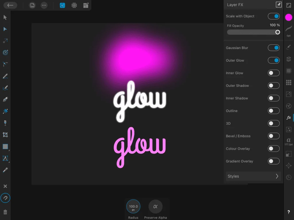Gaussian blur effect applied to artisitc text in affinity designer