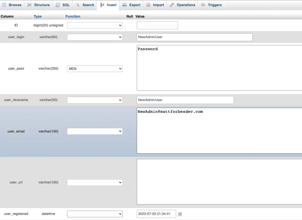 New admin user using database from cpanel